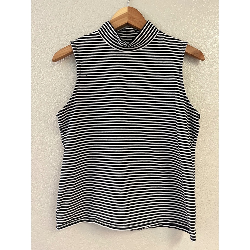 City Streets Womens XL Black White Striped Sleeveless Mock Neck Top Cotton Blend